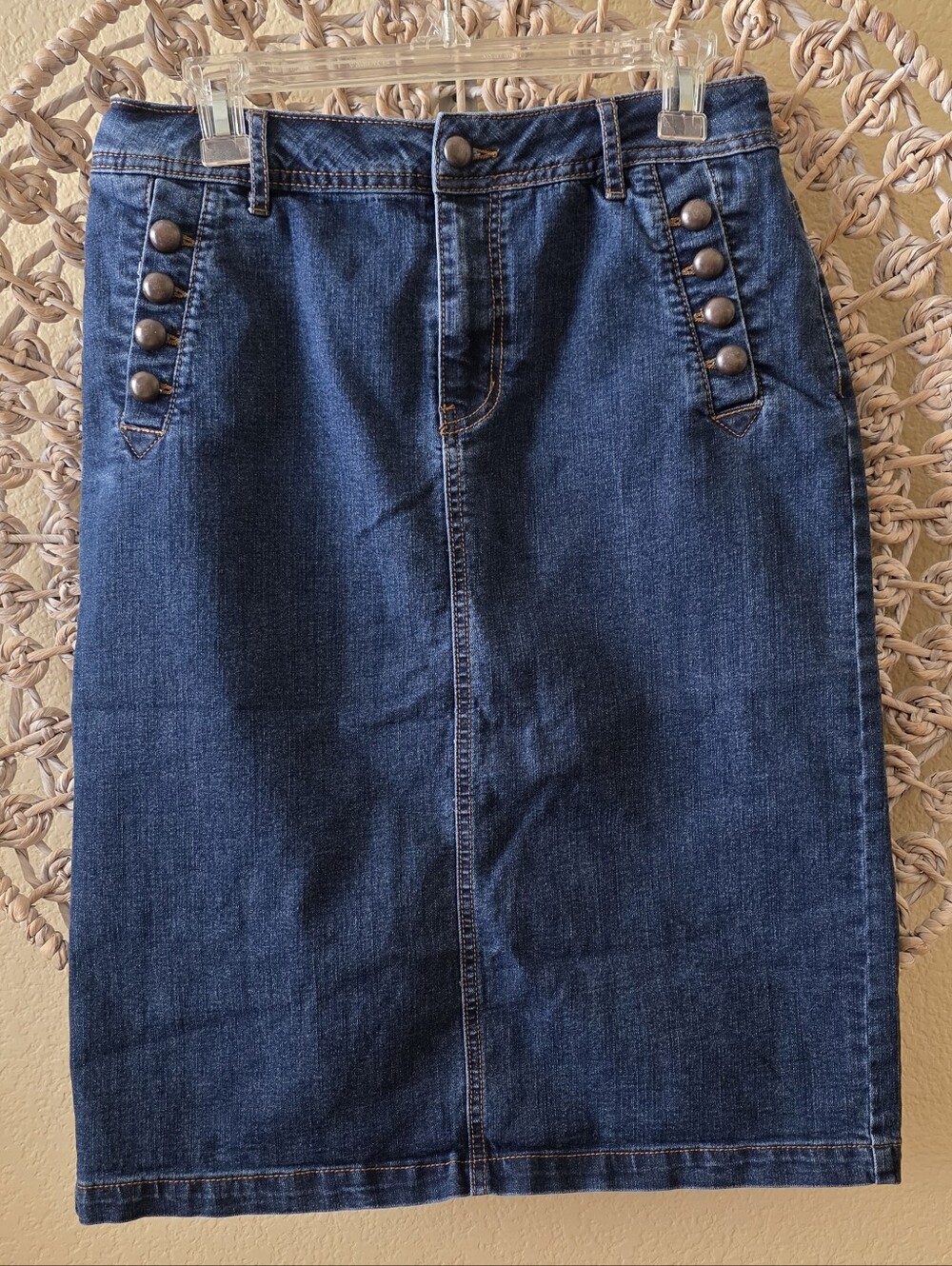 Y2K C Est 1946 Denim Pencil Skirt Sz 10 Dark Wash Stretch Sailor Button Pockets